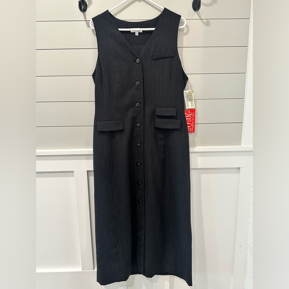 NWT‎ Vintage Y2K Depeche Mode Pinstriped Vest Dress Wool Sz 14 Black Business